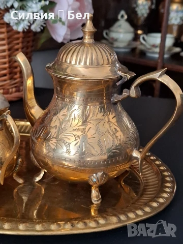 Месингов сервиз за кафе/чай – ръчно гравиран., снимка 7 - Антикварни и старинни предмети - 51009183