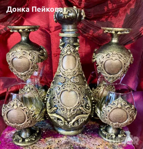 Ръчно изработен сервиз за коняк в старинно злато от 7 части, снимка 3 - Чаши - 48657359