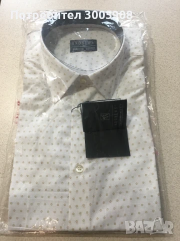 Риза Andrews 100 % памук, бяла на златни или лилави кръгчета, L (41-42), снимка 3 - Ризи - 50963820