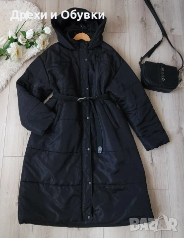 Дълго черно зимно яке с качулка 