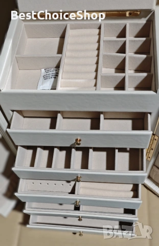 Kутия за бижута. Голяма 6-етажна с 5 чекмеджета и огледало за пръстени и колиета, снимка 5 - Колиета, медальони, синджири - 53083147