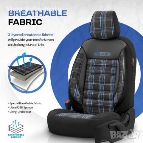 К-т Луксозна Тапицерия Automat-OTOM, Текстил с еко кожа, GTI SPORTS Design, Черна със син шев, снимка 10 - Аксесоари и консумативи - 52793404