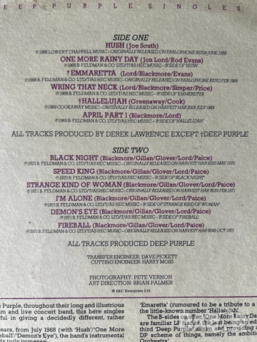 грамофонна плоча на рок групата Deep Purple – компилацията „The Deep Purple Singles A's & B's, снимка 4 - Грамофонни плочи - 55775080