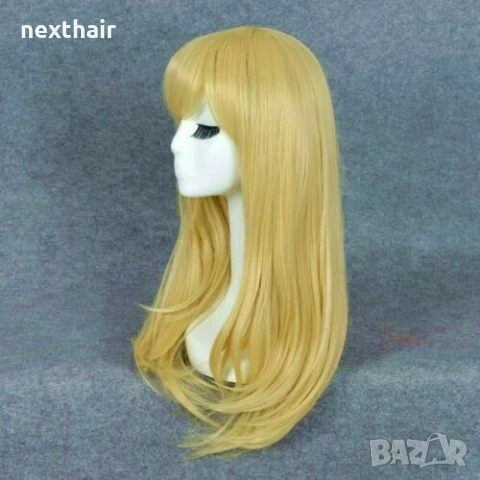 Златисто руса аниме косплей перука с бретон - 55 см, снимка 2 - Аксесоари за коса - 53192671