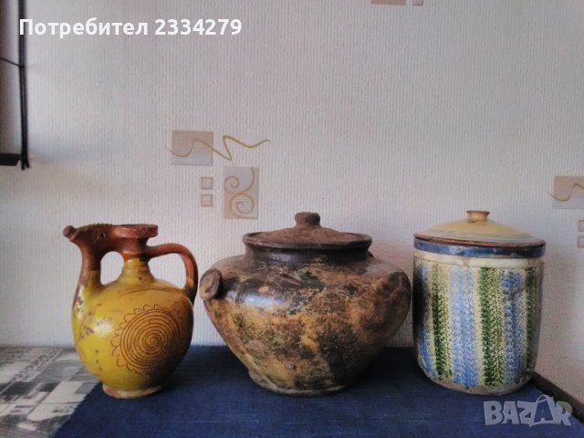 Стари глинени съдове,,Кронтир-стомничка;доза и гювеч" , снимка 1 - Антикварни и старинни предмети - 33485849