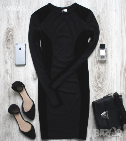 Нова H&M вталяваща черна рокля с дълъг ръкав кадифе XS-S, снимка 2 - Рокли - 31201401