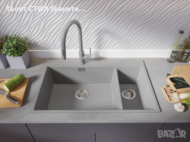 Сива кухненска гранитна мивка Осло 80 Duo Top 780x500 мм, снимка 3 - Мивки - 52548501