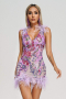 Къса флорални рокля с пайети и пера в лилаво, снимка 5