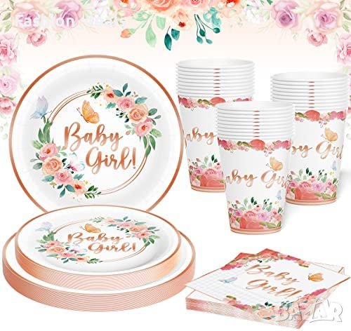 Нов комплект Флорални чинии салфетки чаши за бебешко парти момиче , снимка 1