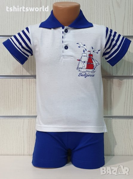 Ново детско комплектче: тениска с яка и трансферен печат Платноход+шорти, от 2-4 години, снимка 1