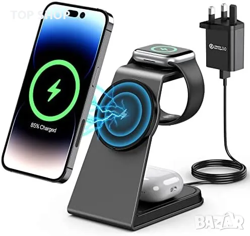 3 в 1 Нова стойка зарядно за телефон слушалки часовник Магнитна станция iPhone iWatch, снимка 1