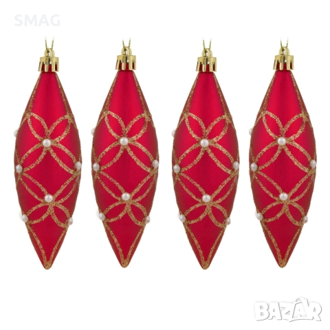 Комплект коледни украси за елха – червени матови висулки с брокат и перли, 12 см – 4 бр._1253884