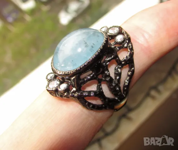 Сребърен простен с аквамарин 16х13мм , снимка 3 - Пръстени - 45324459