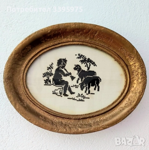 Винтидж бродерия от 40-те-50-те години на миналия век „Овчар с флейта“, снимка 4 - Антикварни и старинни предмети - 51708982