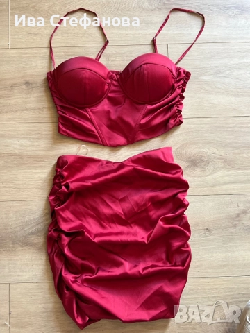 Нов елегантен парти коктейлен официален сет комплект две части костюм сатен корсет топ пола oh Polly, снимка 2 - Рокли - 46294354