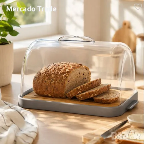 Кутия за хляб Mercado Trade, С бамбукова дъска, Пластмаса