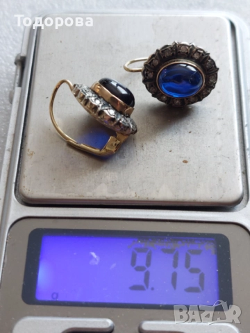 Стари антикварни златни обеци със сапфири и диаманти, злато 14к., 2 260 лв, снимка 7 - Обеци - 52211596