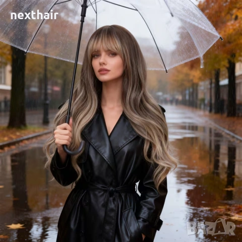 Дълга омбре перука с бретон - кафяво към пепеляво русо, меки вълни, снимка 5 - Аксесоари за коса - 53831185