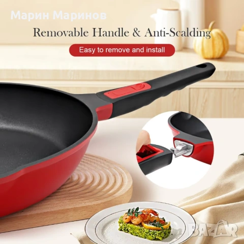 см незалепващ тиган с подвижна дръжка – червено-черен  , снимка 2 - Прибори за хранене, готвене и сервиране - 53386356