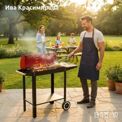 Градинско барбекю на колела, емайлирана стомана, 4степени+  Подарък 3 прибора