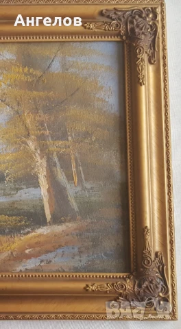 Майсторски пейзаж масло с рамка от дърво с гипсови орнаменти, снимка 2 - Декорация за дома - 50723646