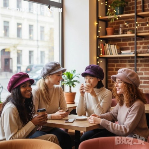 Елегантна зимна плетена шапка с козирка и камъчета, снимка 10 - Шапки - 52691791