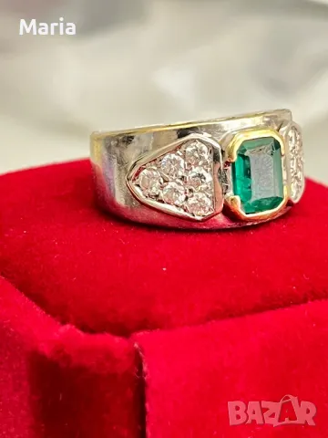 Дамски пръстен бяло злато и естествен изумруд