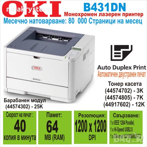 Лазерен принтер OKI B431DN-Дуплекс,USB, Network, Wireless & Parallel, снимка 1 - Принтери, копири, скенери - 41551728