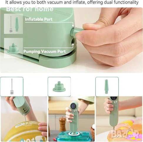 Мини вакуумна машина 3-в-1 – Безжичен уред за вакуумиране, запечатване и надуване (Зелен), снимка 4 - Прибори за хранене, готвене и сервиране - 53275846