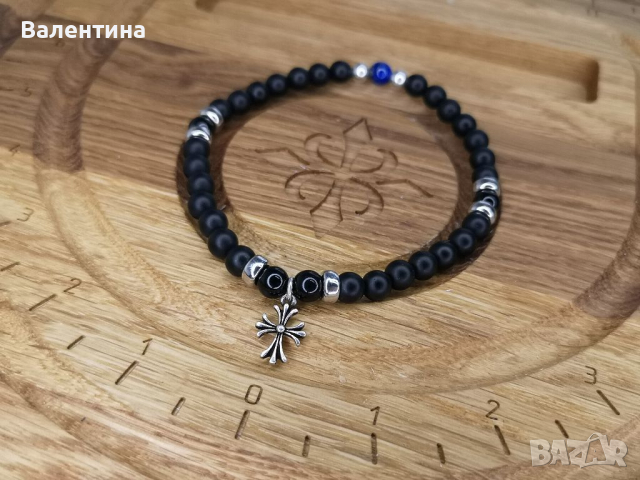 Мъжка/дамска сребърна гривна с оникс и лапис лазули и кръст, снимка 5 - Гривни - 36140006