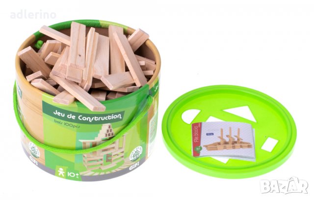 Дървени блокове в кофа, 100 елемента, игра Монтесори, в удобна кофа, снимка 4 - Конструктори - 34404248