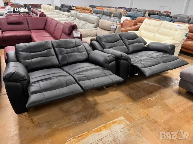Черни кожени дивани две двойки с релаксиращ механизъм, снимка 6 - Дивани и мека мебел - 40751489