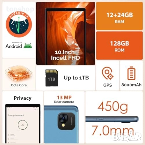 Нов FORUSER 10" Android 14 таблет, осемядрен 2.0Ghz 5G WiFi, 36GB RAM 128GB ROM (1TB TF) 1920x1200.., снимка 2 - Таблети - 52552755