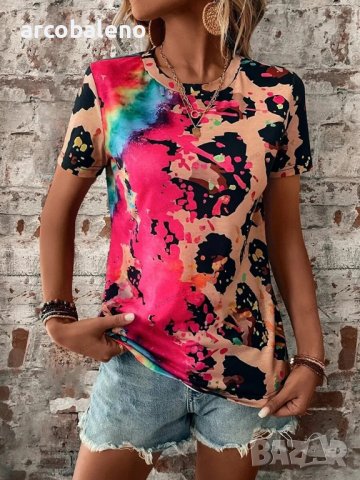 Дамска тениска с кръгло деколте и къс ръкав с леопардов принт, 4цвята , снимка 16 - Тениски - 41497389
