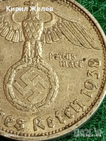 Сребърна монета 2 райхсмарки 1938г. Германия Трети Райх с Свастика за КОЛЕКЦИОНЕРИ 39293, снимка 4 - Нумизматика и бонистика - 53615651