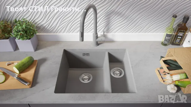 Гранитна Мивка за Вграждане под Плот Лондон 60 Duo 550 x 450  сива