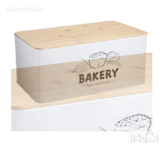 Кутия за хляб, Метална с дървен капак, бял