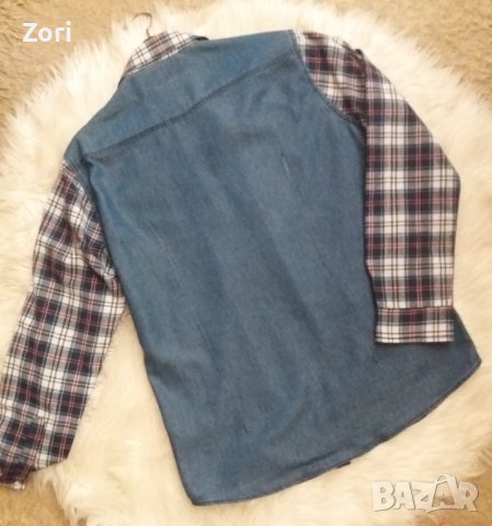 Карирана риза с дънкови рамене и гръб, снимка 5 - Ризи - 41812516