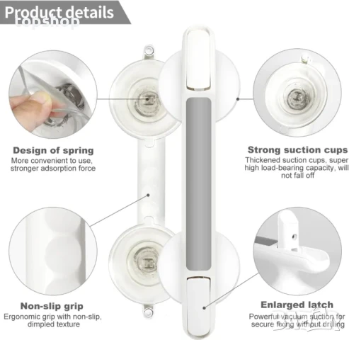 Нова дръжка с вендузи за баня, неплъзгаща, без пробиване, сива