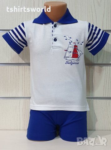 Ново детско комплектче: тениска с яка и трансферен печат Платноход+шорти, от 2-4 години