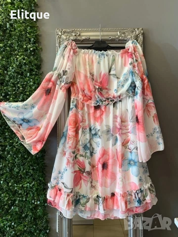 Ефирна флорална рокля с паднали ръкави, снимка 10 - Рокли - 53532622