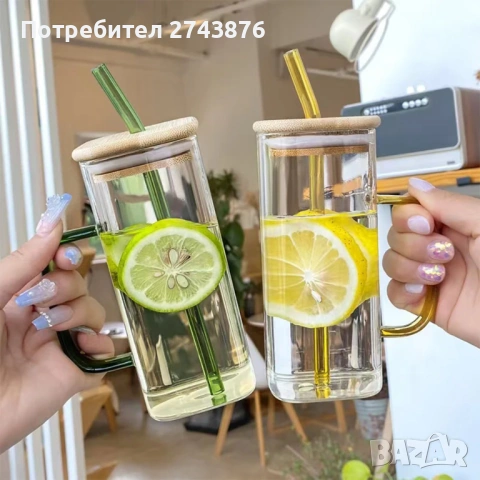 Стъклена чаша огнеупорно стъкло с цветна дръжка, бамбуков капак, стъклена сламка,декор плодове,0.45л, снимка 4 - Чаши - 37221579