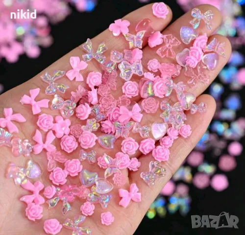 20 бр 3d микс малки панделки сърца розички панделка сърце мече розови декорация нокти маникюр акрил, снимка 2 - Продукти за маникюр - 48429412
