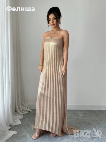 Дълга Уникална Рокля в Пясъчно Светло Злато Солей с Метален Златен Елемент, снимка 4 - Рокли - 51092896