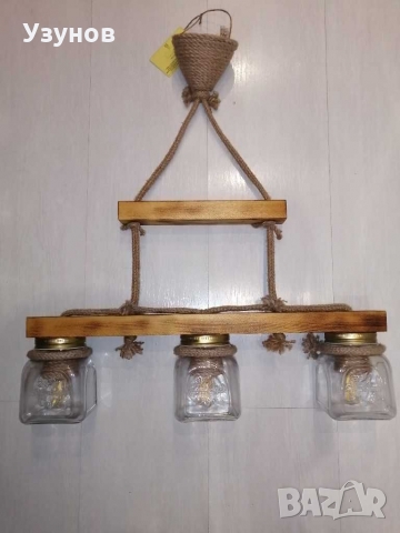 Дървен полилей за механа - ръчно изработен от дърво и естествени материали - винтидж, ретро, снимка 3 - Лампи за таван - 36082608