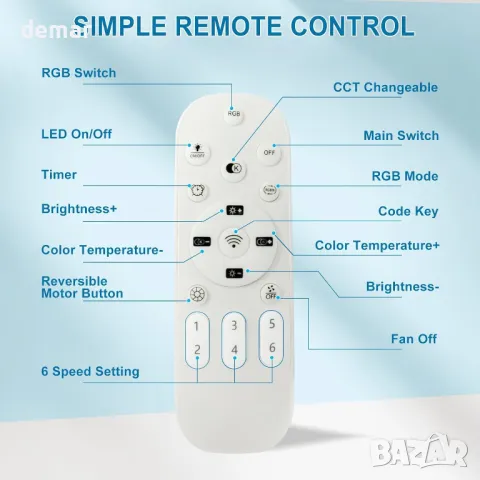 Вентилатор за таван Depuley RGB със светлини, дистанционно, интелигентен, реверсивен, 49 см, снимка 8 - Лед осветление - 47435222