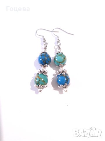 Красиви асиметрични обеци с редкия камък син и зелен Азурит и орнаменти цвят сребро , снимка 2 - Обеци - 41836423
