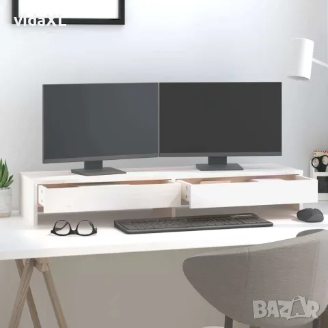 vidaXL Поставка за монитор, бяла, 100x27x15 см, бор масив, снимка 3 - Шкафове - 56147946