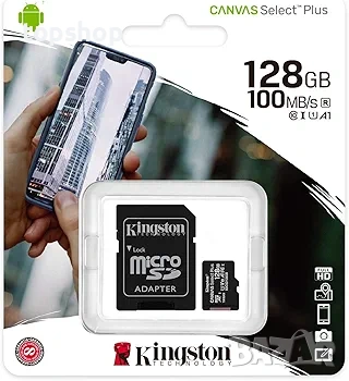 Чисто нови запечатани! Оригинална Карта Памет Kingston 128GB MicroSD – 100MB/s, Клас 10 + Адаптер ..