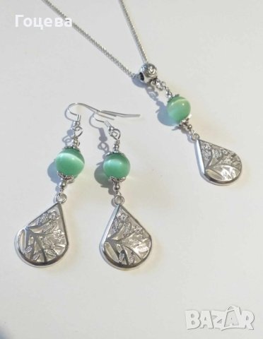 ,Красив Бохо комплект бижута обици и колие с Ябълково зелено Котешко око и орнаменти цвят сребро , снимка 7 - Бижутерийни комплекти - 42273844